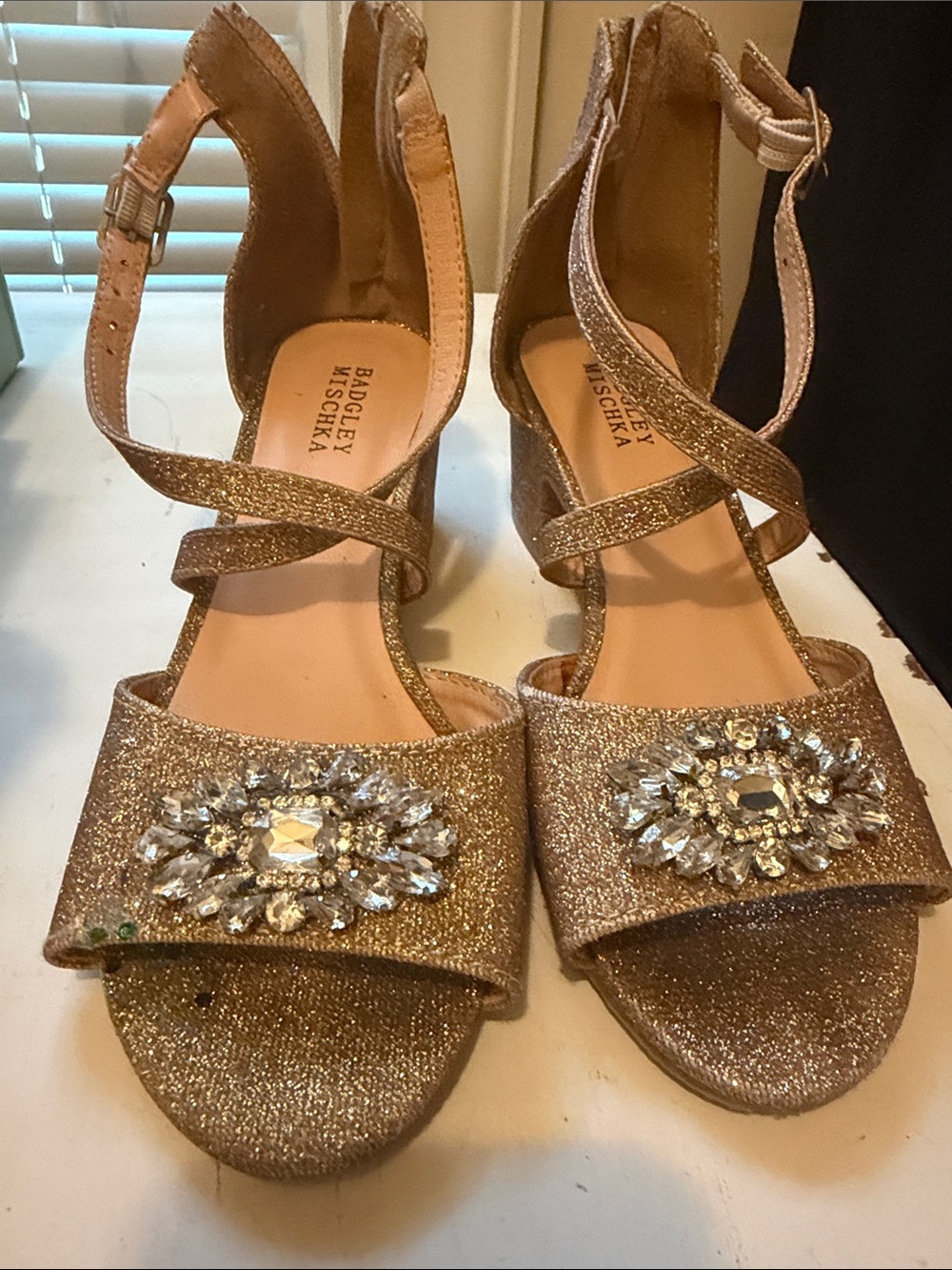 Badgley Mischka Rose Gold Crystal Embellished Strappy Heels